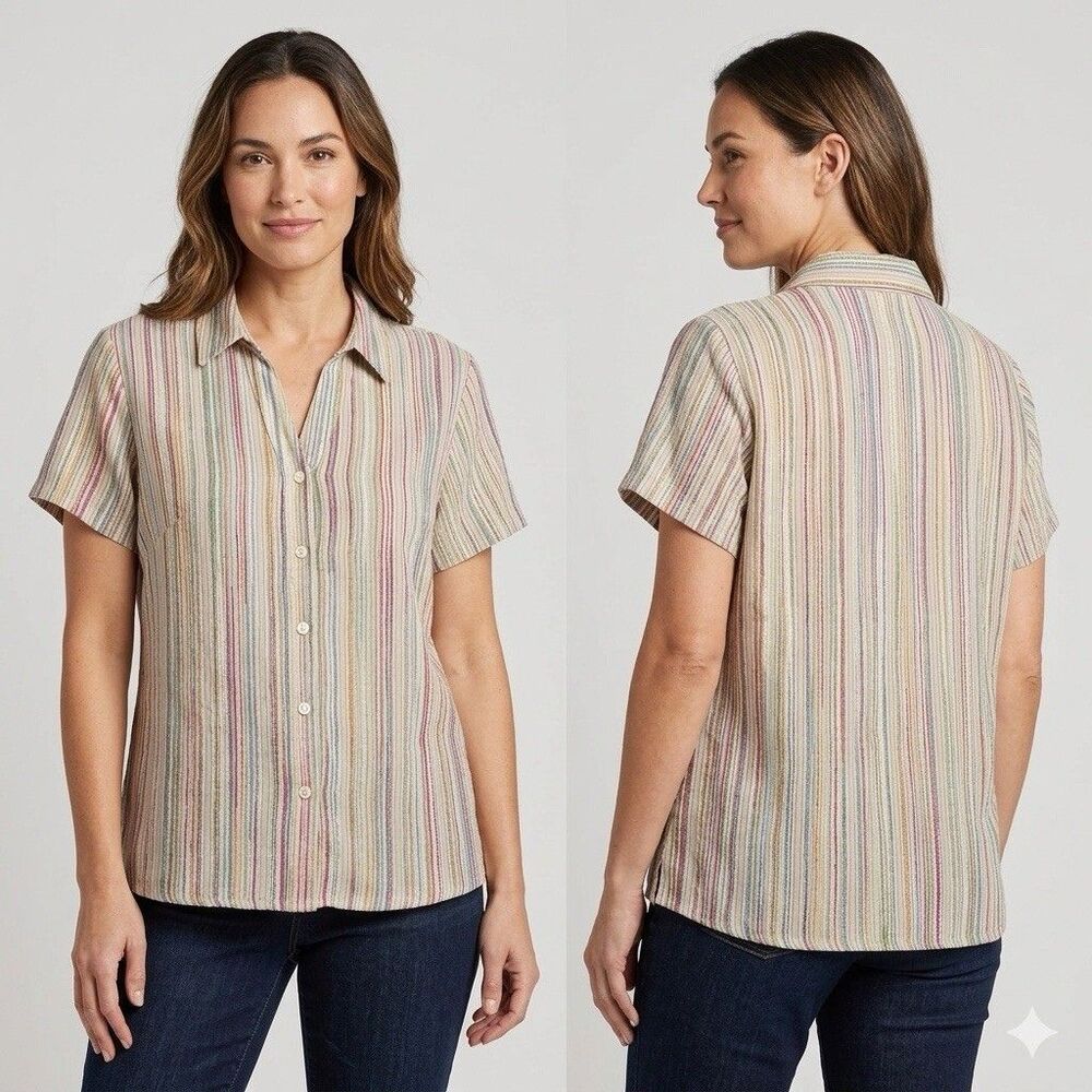 Territory Ahead Women's XL Multi-Color Striped Short Sleeve Button-Up Shirt VTG
